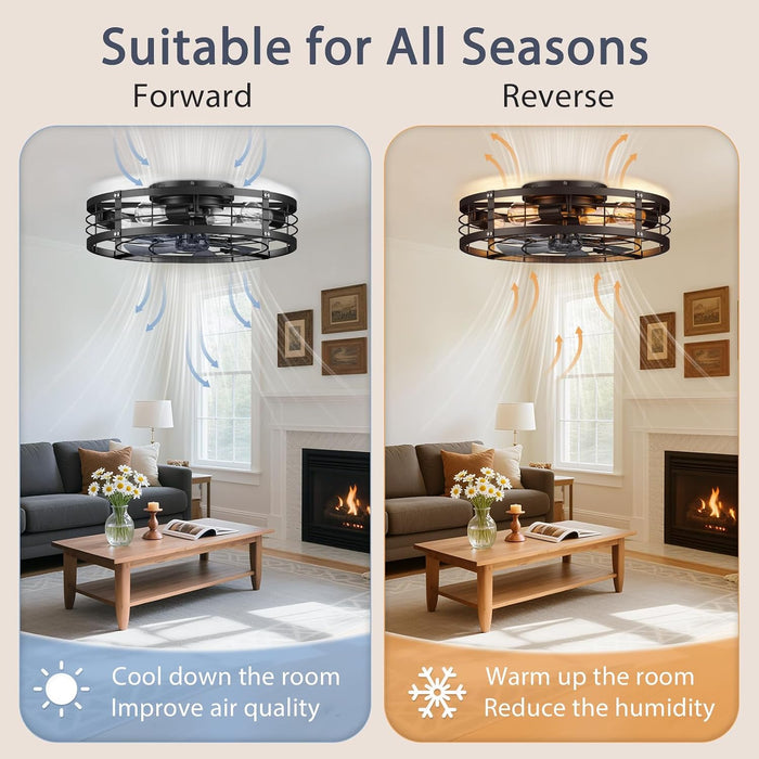 24'' Caged Ceiling Fan with Light and Remote,Rustic Low Profile Ceiling Fan with Light Flush Mount, Black Farmhouse Bladeless Fandelier Ceiling Fans with Lights for Kitchen,Bedroom