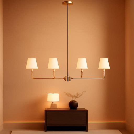 4-Light Brushed Gold Chandelier, Height Adjustable Island Dining Room Light with White Fabric Shades, E12 Base, Farmhouse & Industrial Style for Kitchen Living Room