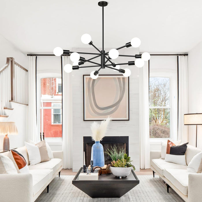 33" Modern Chandelier Ceiling Light Fixture, 12-Light Sputnik Chandeliers Matte Black Mid Century Chandelier over Table, Height Adjustable Chandeliers for Dining Room Living Room (Bulbs Not Included)