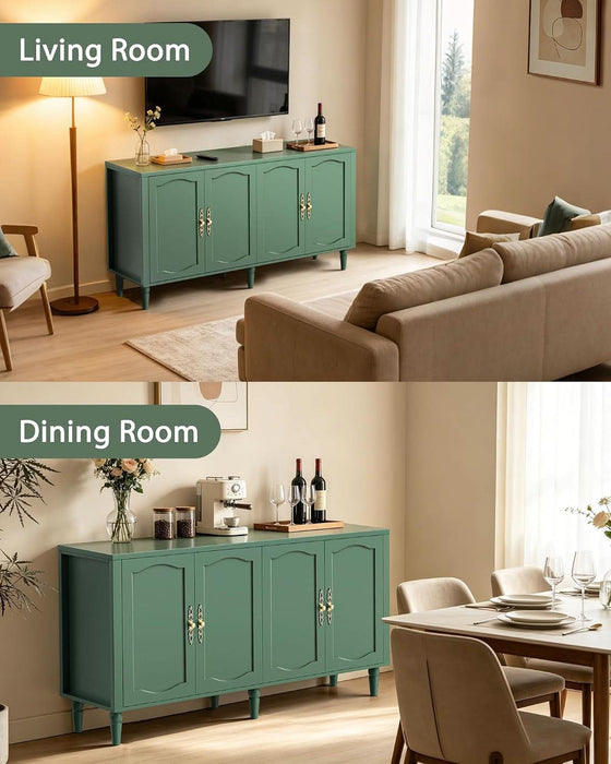 63" Sideboard Buffet Cabinet, Mid Century Modern Credenza Storage Cabinet with Carved Handle & Adjustable Shelves, Buffet Table Kitchen Coffee Bar for Living Room Dining Room - Green