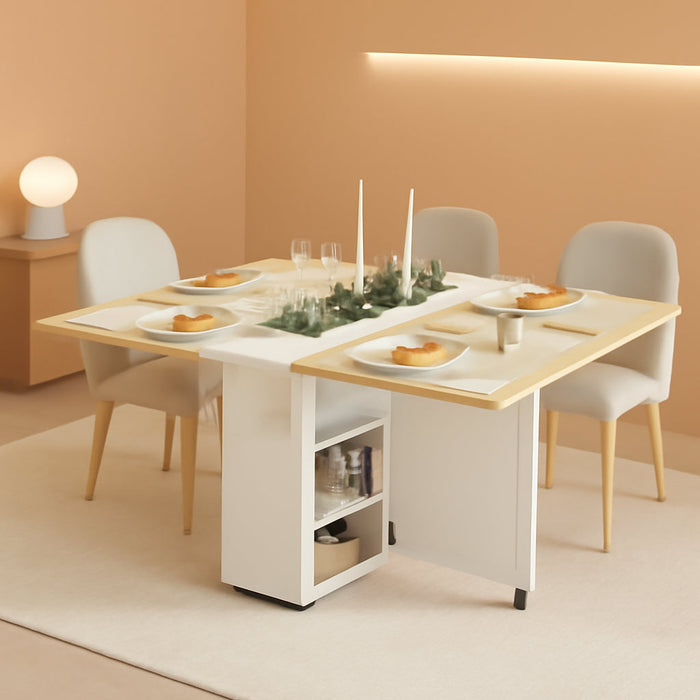 Folding Dining Table with Storage, Folding Kitchen Table with 6 Wheels, Drawer & Shelves, Compact Dining Table for Small Spaces