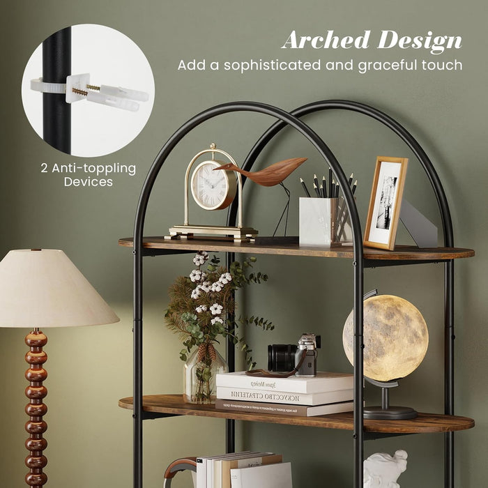 Arched Bookshelf, 4-Tier Industrial Open Bookcase with Sturdy Metal Frame, Freestanding Display Storage Organizer for Living Room, Home Office and Bedroom, Rustic Brown