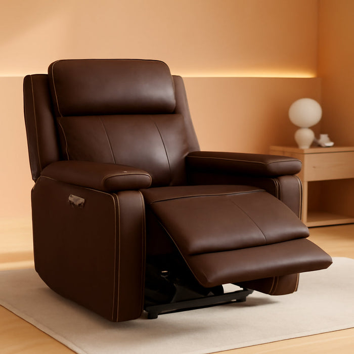Power Recliner Lay Flat with Headrest, Leather Dark Brown