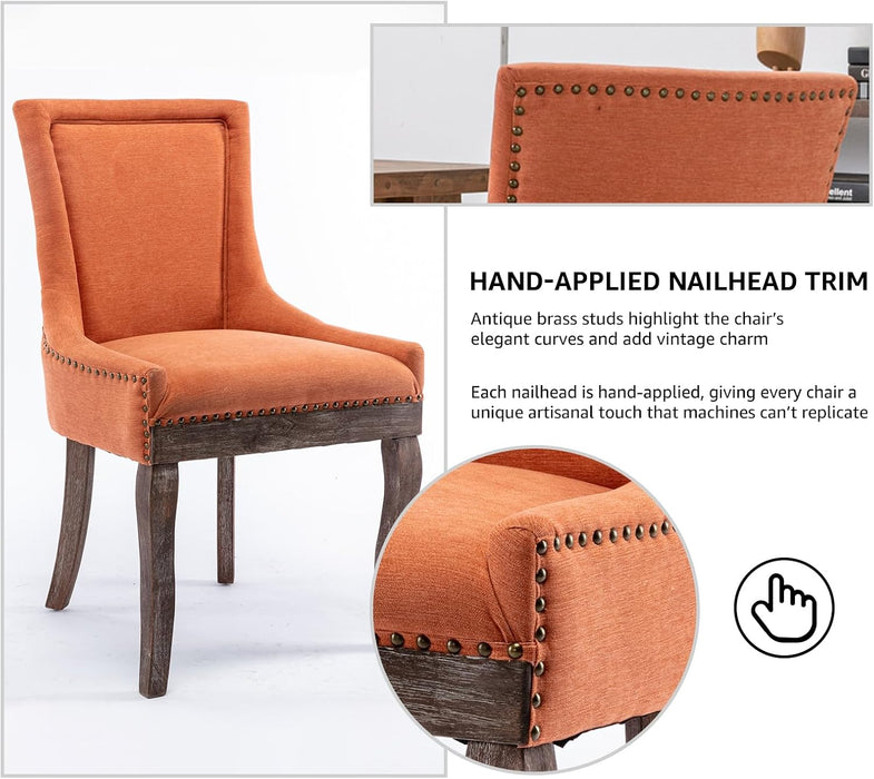 Modern Dining Chairs Set of 2, Fabric Upholstered High Back Chairs with Nailhead Trim and Curved Solid Wood Legs, Sillas De Comedor Accent Chairs for Dining Room, Orange