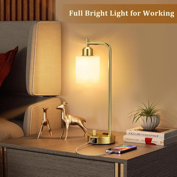 Gold Lamp for Bedroom - Industrial Bedside Table Lamp with USB Port and Outlet, Fully Dimmable Nightstand Lamp with Opal Glass Shade, Small Desk Lamps for Home Office