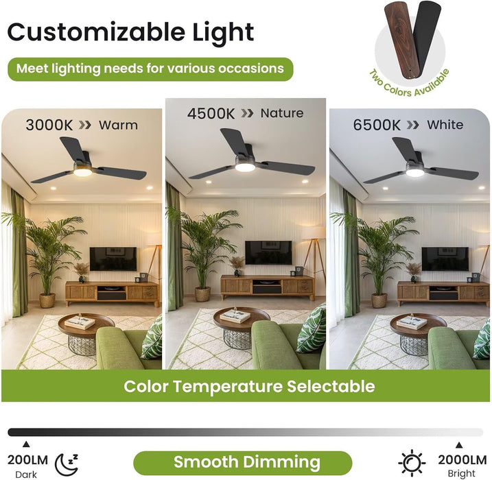 Ceiling Fans with Lights and Remote: 42 Inch Modern Black Ceiling Fan, Low Profile Flush Mount, Quiet Reversible DC Motor & 3CCT Dimmable LED for Bedroom Living Room Kitchen Indoor Outdoor