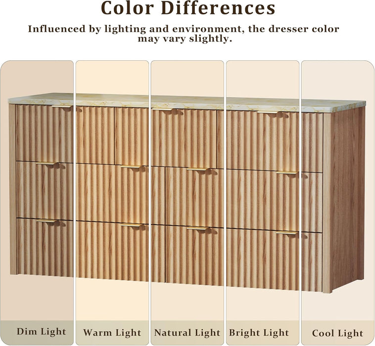 Fluted Dresser for Bedroom with 7 Drawers, 53" Wide Mid Century Modern Dressers with Faux Marble Top & Metal Handle, Wooden Chest of Drawers TV Stand, Natural Oak