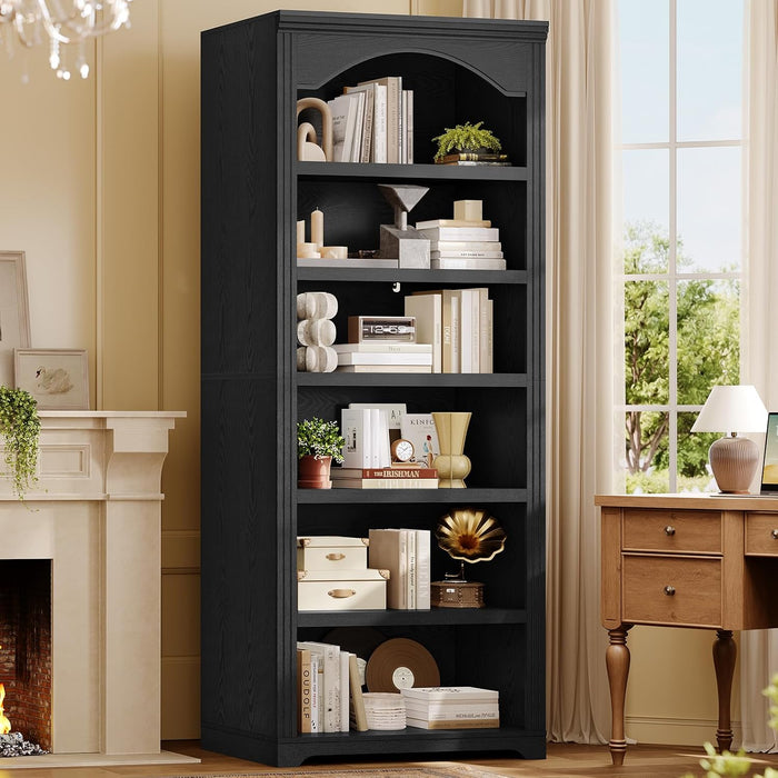 80.9 in Tall Arched Bookcase, Vintage 6-Tier Black Bookshelf with Classic Roman Column Design & Open Shelves for Living Room, Kitchen, Black