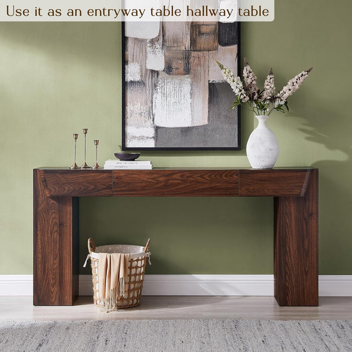 63" Console Table with Storage Drawer, Modern Entryway Table with Drawers, Thick Wood Legs Design, Sofa Table behind Couch, Wood Console Tables for Entryway Hallway Living Room, Brown