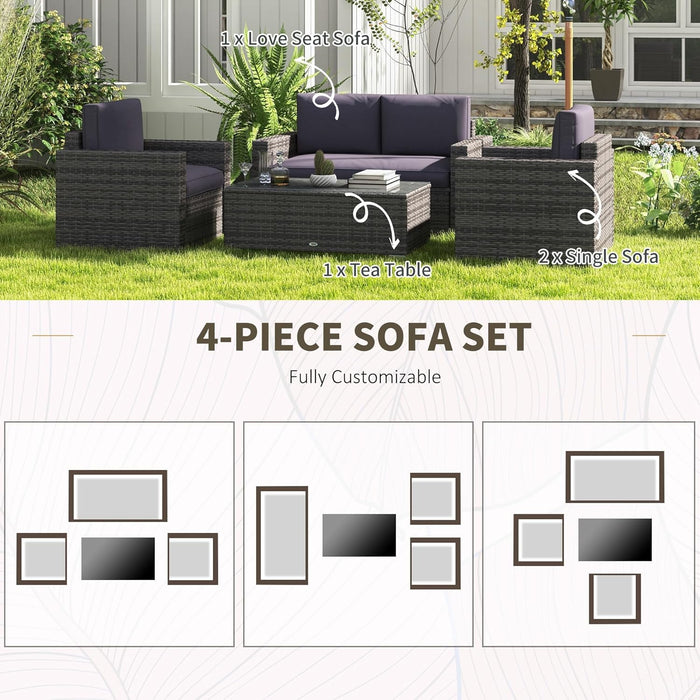 4 Piece Wicker Patio Furniture Set with Cushions, Outdoor Sectional Furniture with 2 Sofa, Loveseat, and Glass Top Coffee Table, Conversation Sofa Sets for Garden, Gray