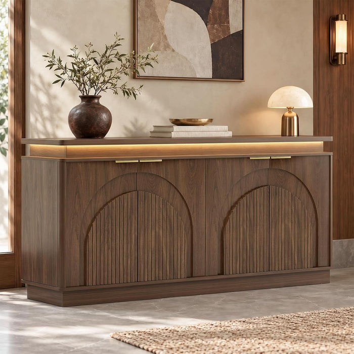 65.7" Sideboard Buffet Cabinet with Arched Fluted Doors,Led Lights