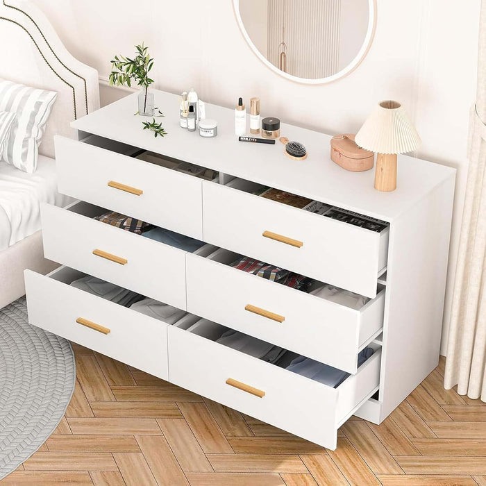 White Dresser for Bedroom with 6 Drawers, 47" Wide Modern Chest of Drawers, Wooden Dresser TV Stand,Storage Organizer for Living Room,Hallway