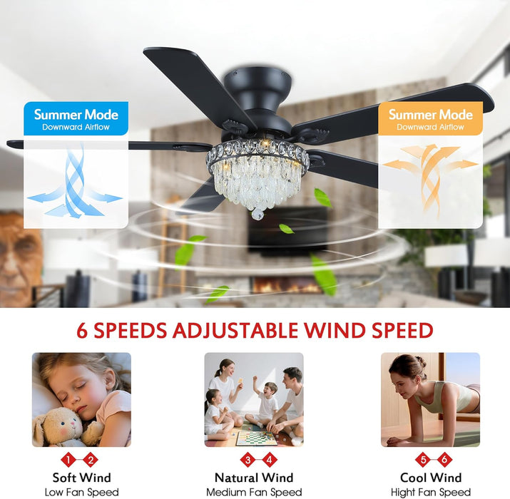 Crystal Ceiling Fan Fandelier with Lights-Ceiling Fans with Remote Control,Modern Ceiling Fan with Noiseless DC Reversible Motor,Dining Room,Living Room(52" Black)