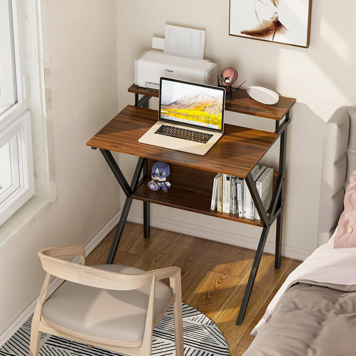 Small Desk, 27.5 Inch Small Computer Desk for Small Spaces, Compact Desk with Storage, Tiny Desk Study Desk with Monitor Stand for Home Office, Espresso