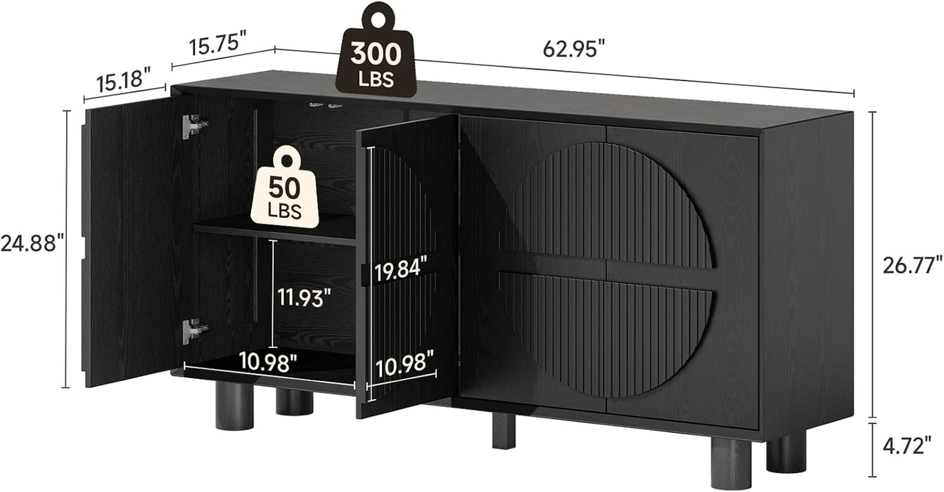 63 Inch Fluted Buffet Cabinet W/Storage, Push-Spring Doors, Black