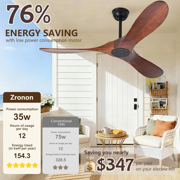 60 Inch Ceiling Fan No Light, Wood Indoor Outdoor Ceiling Fans for Patios Living Room Bedroom Gazebo, Big High CFM Wet Rated Wooden Propeller Ceiling Fan for Sloped Ceiling (Walnut)