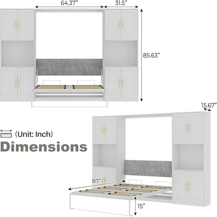 Farmhouse Murphy Bed Queen, 85" Wall Bed Folds to save Space, Concealed Bed Frame with 2 Storage Cabinets and Wall Mounted Features for Apartment/Office/Guest Room