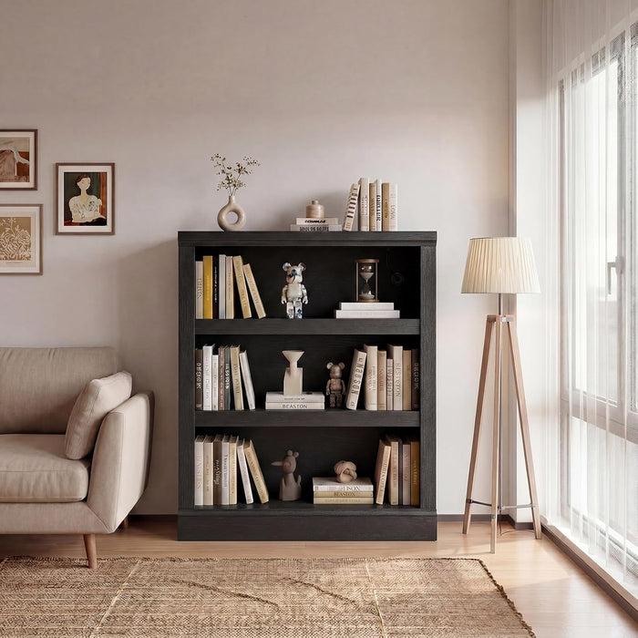 3-Tier Storage Bookcase with Adjustable Shelves, Modern Wood Storage Organizer Rack, Free Standing Decorative Display Shelf for Home Office, Living Room and Bedroom-Black