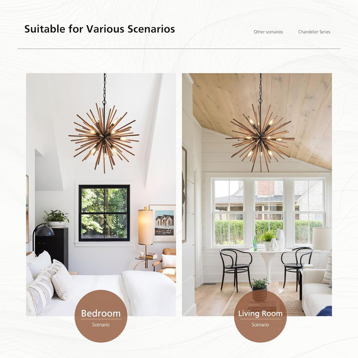 12 Lights Farmhouse Wood Sputnik Chandelier Fixture
