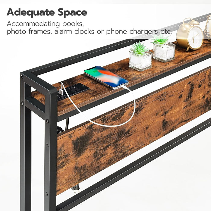 King Size Headboard, Headboard with 2 Outlets and 4 USB Ports, Adjustable Height, Storage Rack, Sturdy and Stable, Easy Assembly, Rustic Brown and Black