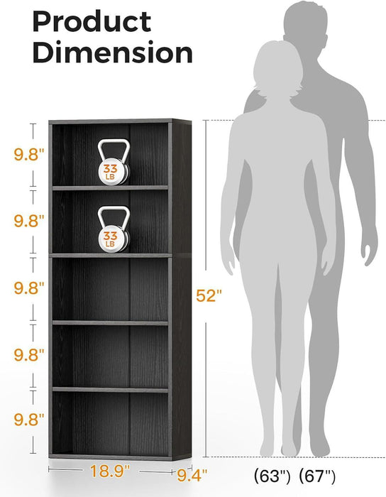 5-Tier Open Bookshelf and Bookcase, Floor Standing Display Storage Shelves for Living Room, Tall Book Shelf for Bedroom, Home Office, Dining Room, Black