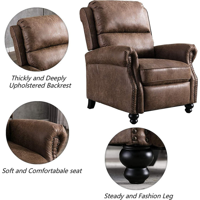 Pushback Recliner Chair, Leather, Rivet Decoration, Chocolate