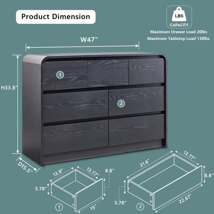 Modern 7 Drawers Dresser for Bedroom, 47" Wide Wood Dressers, Black