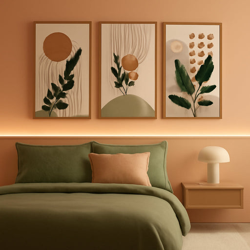 Boho Plant Wall Art Green Botanical Bohemain Framed Wall Printing 24X36In Abstract Canvas Prints with Leaf & Sun Lines Bedroom Living Room Decor - Natural Framed