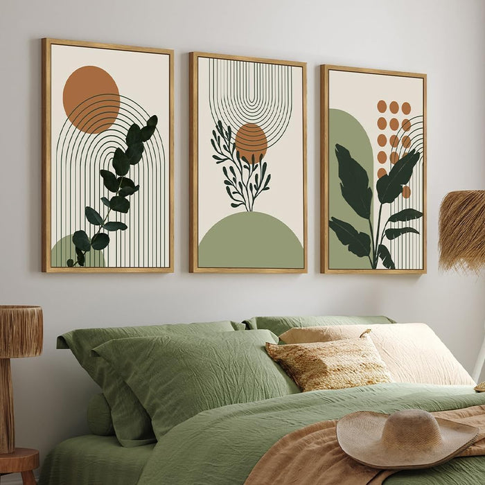 Boho Plant Wall Art Green Botanical Bohemain Framed Wall Printing 24X36In Abstract Canvas Prints with Leaf & Sun Lines Bedroom Living Room Decor - Natural Framed