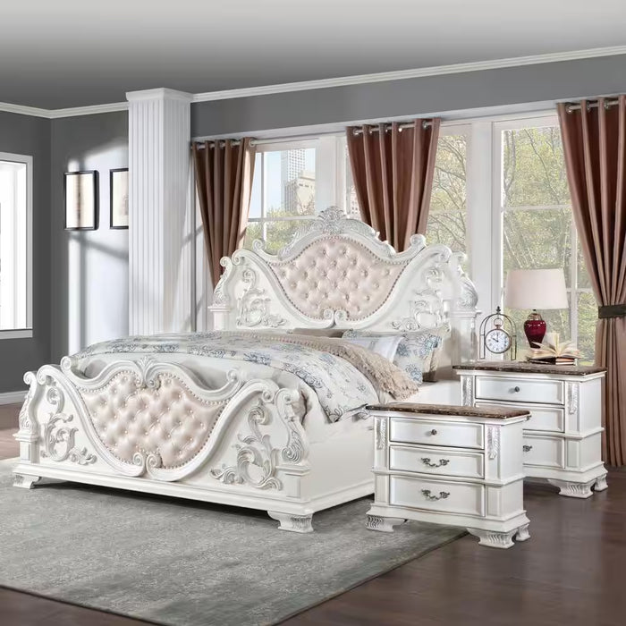 Florince 3-Piece Pearl White King Wood Bedroom Set with 2 Marble Top Nightstands