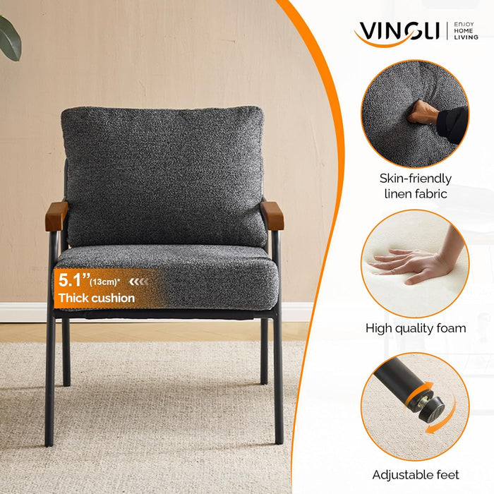 Contemporary Vintage Armchairs Linen Grey Wood Armrests