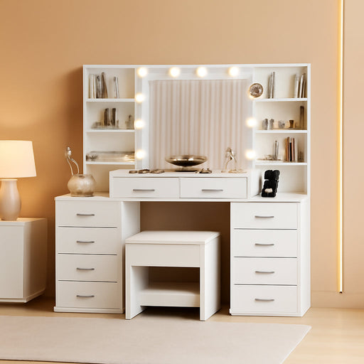 55'' W Makeup Vanity with Mirror & Lights, 10 Drawers Vanity Desk with Charging Station, 6 Open Shelves, 3 Lighting Modes Brightness Adjustable, Glass Top Vanity with Chair for Bedroom, White