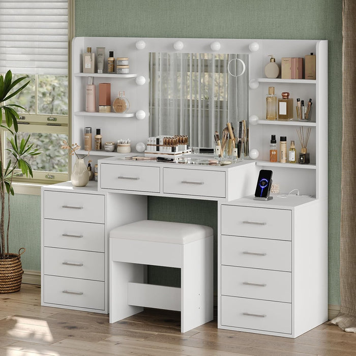 55'' W Makeup Vanity with Mirror & Lights, 10 Drawers Vanity Desk with Charging Station, 6 Open Shelves, 3 Lighting Modes Brightness Adjustable, Glass Top Vanity with Chair for Bedroom, White