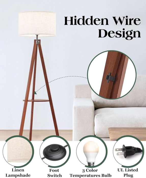Mid Century Floor Lamp with 3 Color Temperatures LED Bulb, Modern Wood Tripod Table Reading Standing Light, Wooden Shelf Floor Lamp for Farmhouse Living Room Bedroom Office Linen Shade Brown