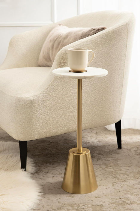 Tira Elegant round Drink Table, 10 X 22, White Marble and Gold, Modern Glam Circle Martini Table for Use as a Small Bedroom Nightstand or Living Room Plant Stand Option