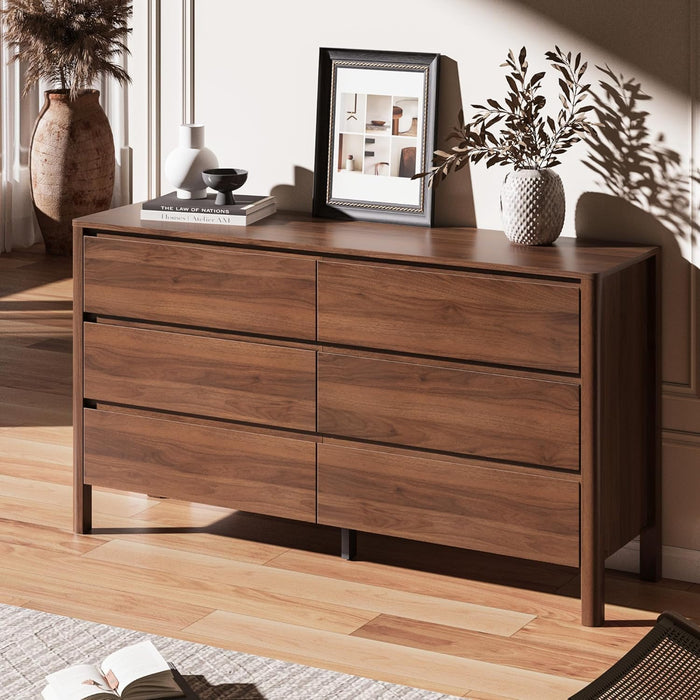 Walnut 6 Drawer Dresser for Bedroom, 55"Wide Modern Wood Dresser