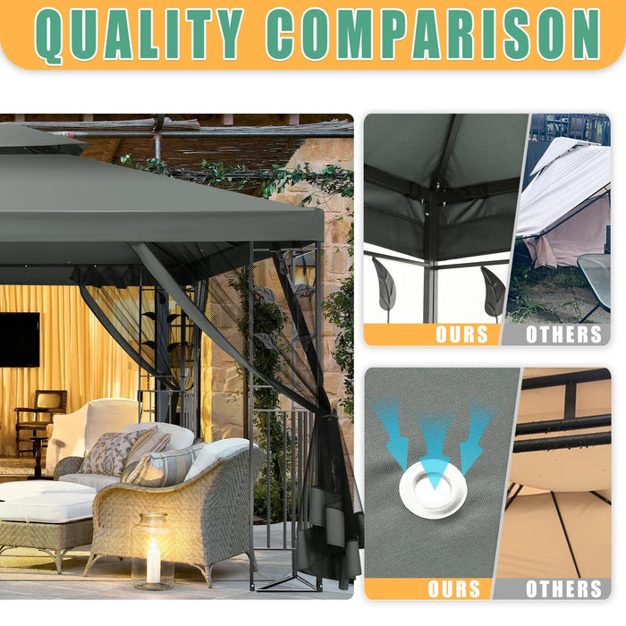 10' X 13' Pop up Gazebo, Screened Patio Gazebo, Outdoor Steel Double Roof Canopy Tent, Metal Frame Canopy with Mosquito Netting, Sunshade for Garden, Lawns, Gray