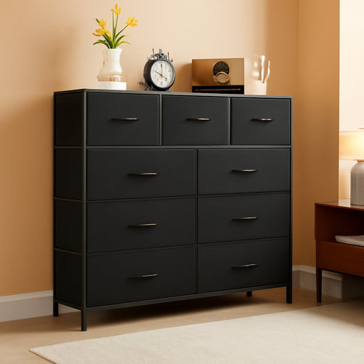 9-Drawer Dresser for Bedroom, Anti-Tip Tall Storage Organizer Chest of Drawers with Wooden Top and Metal Frame Fabric Bins for Closet, Living Room, Hallway, Entryway, Black