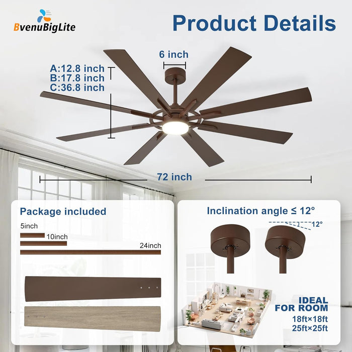 Large Ceiling Fans with Lights: Modern 72 Inch 8 Blade Outdoor Ceiling Fan with Remote APP Control - Dimmable Brown Big Fan Light Indoor Reversible 6 Speed Quiet DC Motor