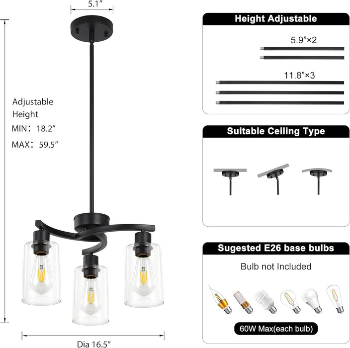 3 Light Modern Dining Chandeliers over Table，Black Light Fixture for Dining Room，Farmhouse Chandelier with Glass Shade，Industrial Pendant Lighting for Kitchen Island，Foyer,Hallway, Bedroom