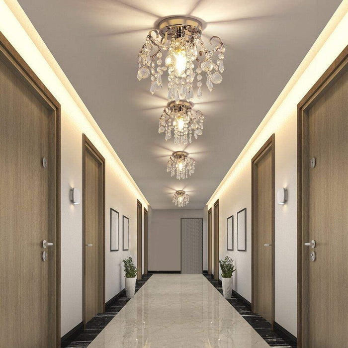 Small Crystal Chandelier Flush Mount Ceiling Light Fixtures Modern Mini Chandelier Light Fixture for Hallway Entryway Bedroom Bathroom Kitchen,Chrome Metal,Clear K9 Crytal