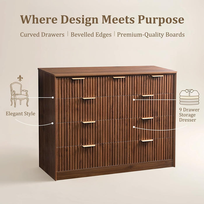 Fluted Tall Dresser for Bedroom, 9 Drawer Chest of Drawers,Walnut