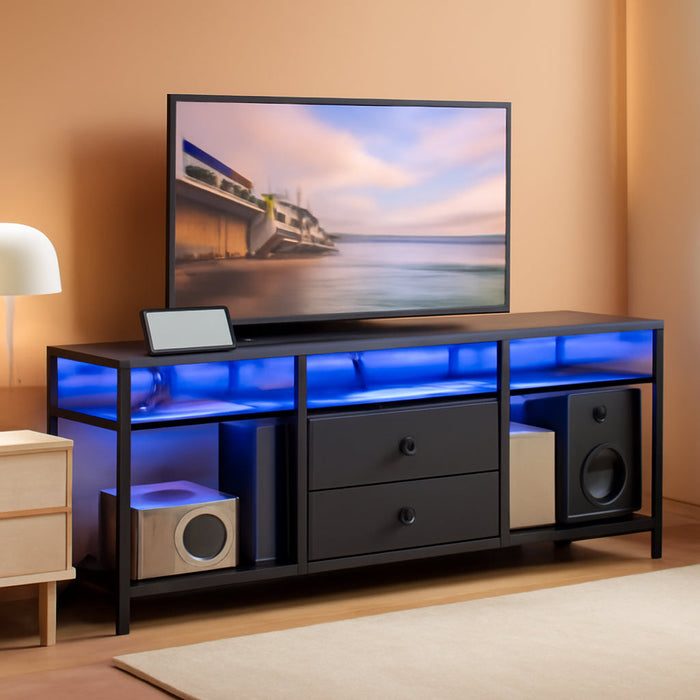 TV Stand with LED Light and Power Outlets, Entertainment Center with Fabric Drawers and Open Shelves, 41.7" TV Cabinet for Tvs up to 45 Inch, Media Console for Living Room, Bedroom, DS03UDBB