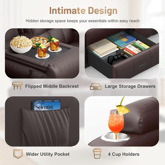 3-Seater Loveseat Recliner Sofa, Home Theater Seating Reclining Couch with Flip Middle Backrest, RV Wall Hugger Sleeper with LED Lights, Massage, Dawer & Cup Holders, 150° Recline for RV & Living Room