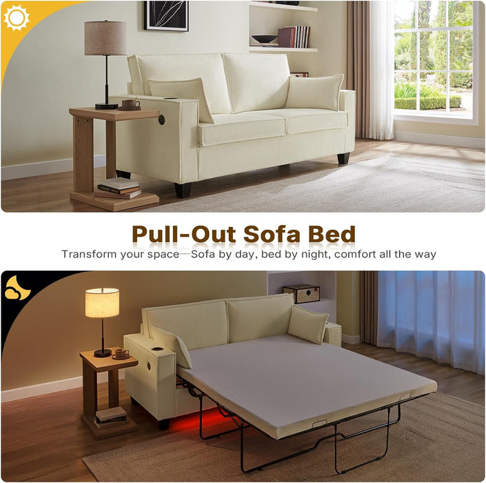 Beige 65-Inch Sleeper Sofa Bed, 2-in-1 Convertible