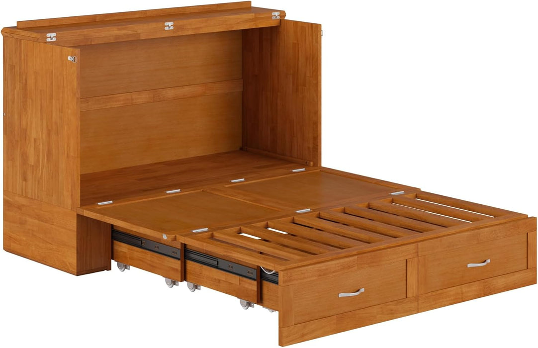 Hamilton Full Murphy Bed Chest with Mattress, Storage, and Built-In Charger in Light Toffee