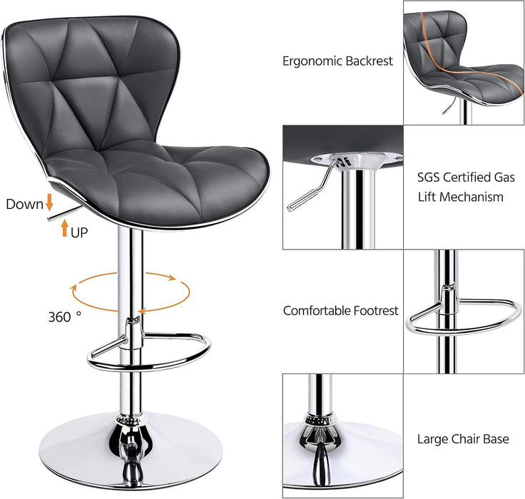 Bar Stools, Stylish Adjustable PU Leather Swivel Barstools, Counter Height Bar Chair Set of 2 with Foma Padded for Home Kitchen, Grey