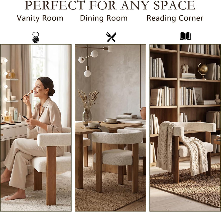 Boucle Dining Chairs Set of 4, Mid Century Modern Dining Room Chairs with Solid Wood Legs, Terry Fabric Upholstered Kitchen Chairs, Accent Vanity Chair for Living Room (Cream,4)