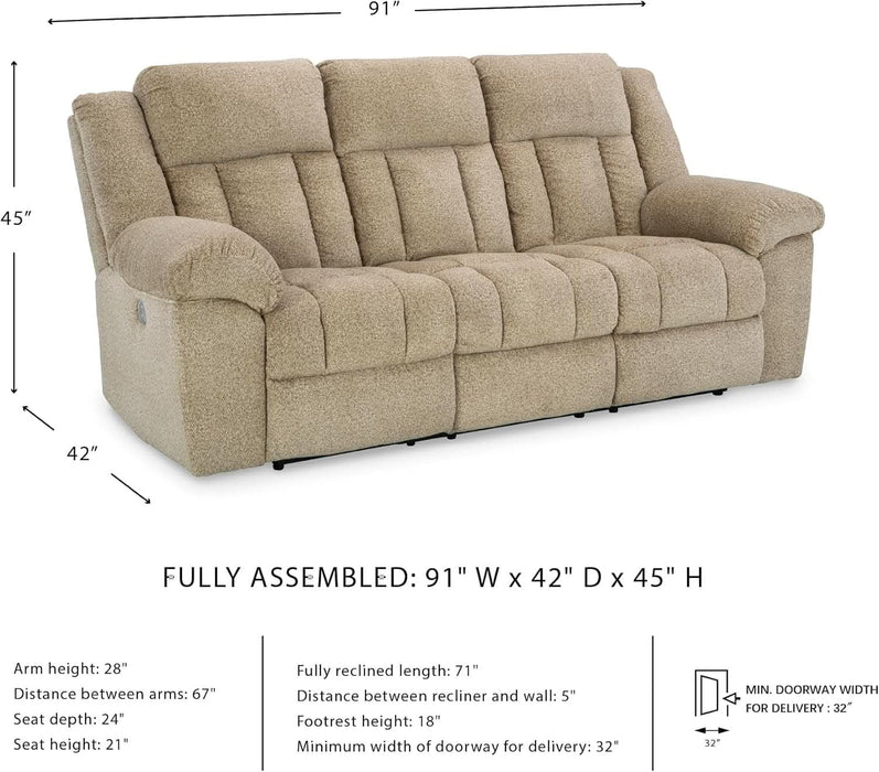 Tip-Off Classic Wall Hugger Power Reclining Sofa with Adjustable Headrest and USB Ports, Light Brown