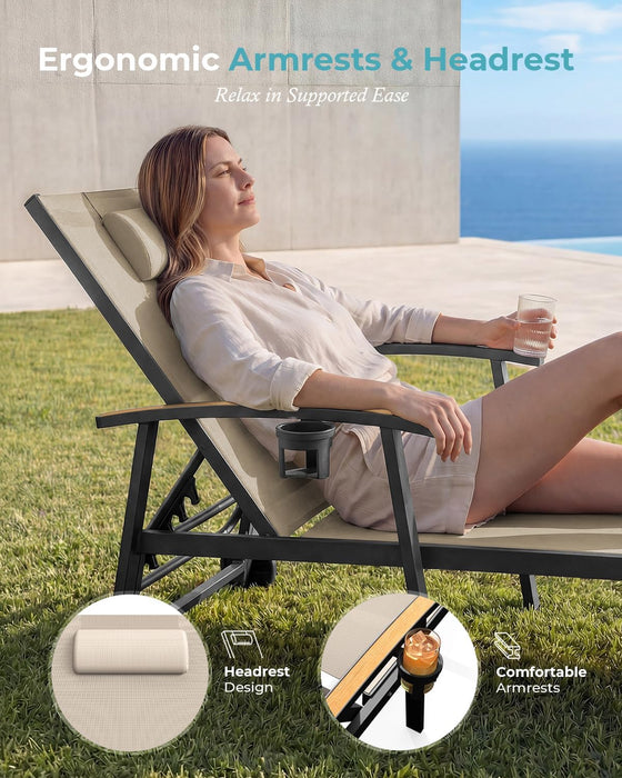 Outdoor Lounge Chair with Pillow, 5-Position Aluminum Chaise Lounge with Wheels & Armrests, 400 Lbs Heavy Duty Patio Pool Chair for Deck, Backyard, Beach & Poolside, Khaki